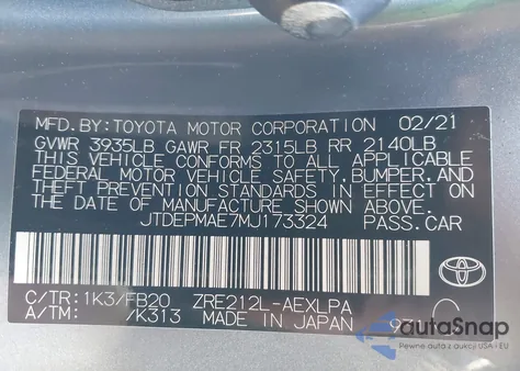 2021 Toyota Corolla Le из США, поврежденный, VIN JTDEPMAE7MJ173324